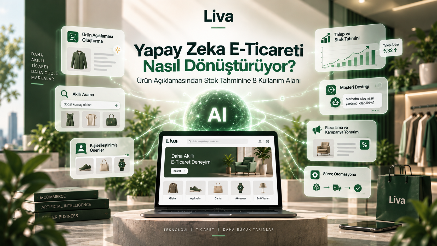 Blog yazısı Yapay Zeka E-Ticareti Nasıl Dönüştürüyor? 8 Kullanım Alanıiçin resim